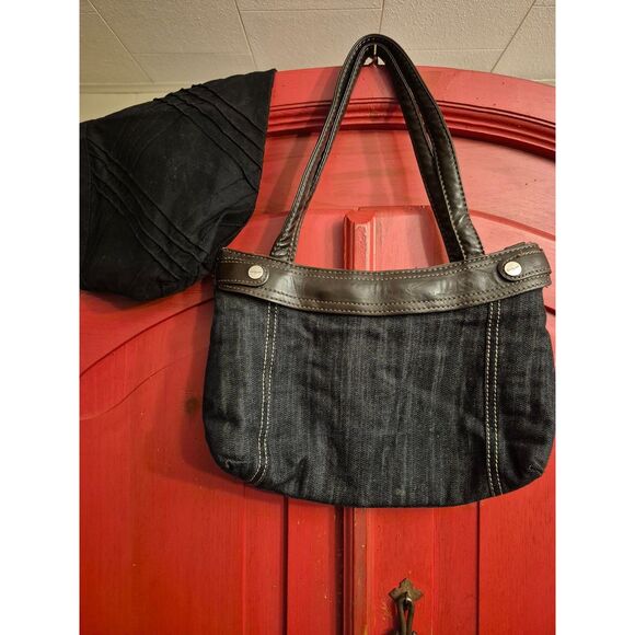 Thirty-One Dark Denim Handbag Purse With Black Clip on Cover 2 in 1 Bag EUC - Picture 1 of 3